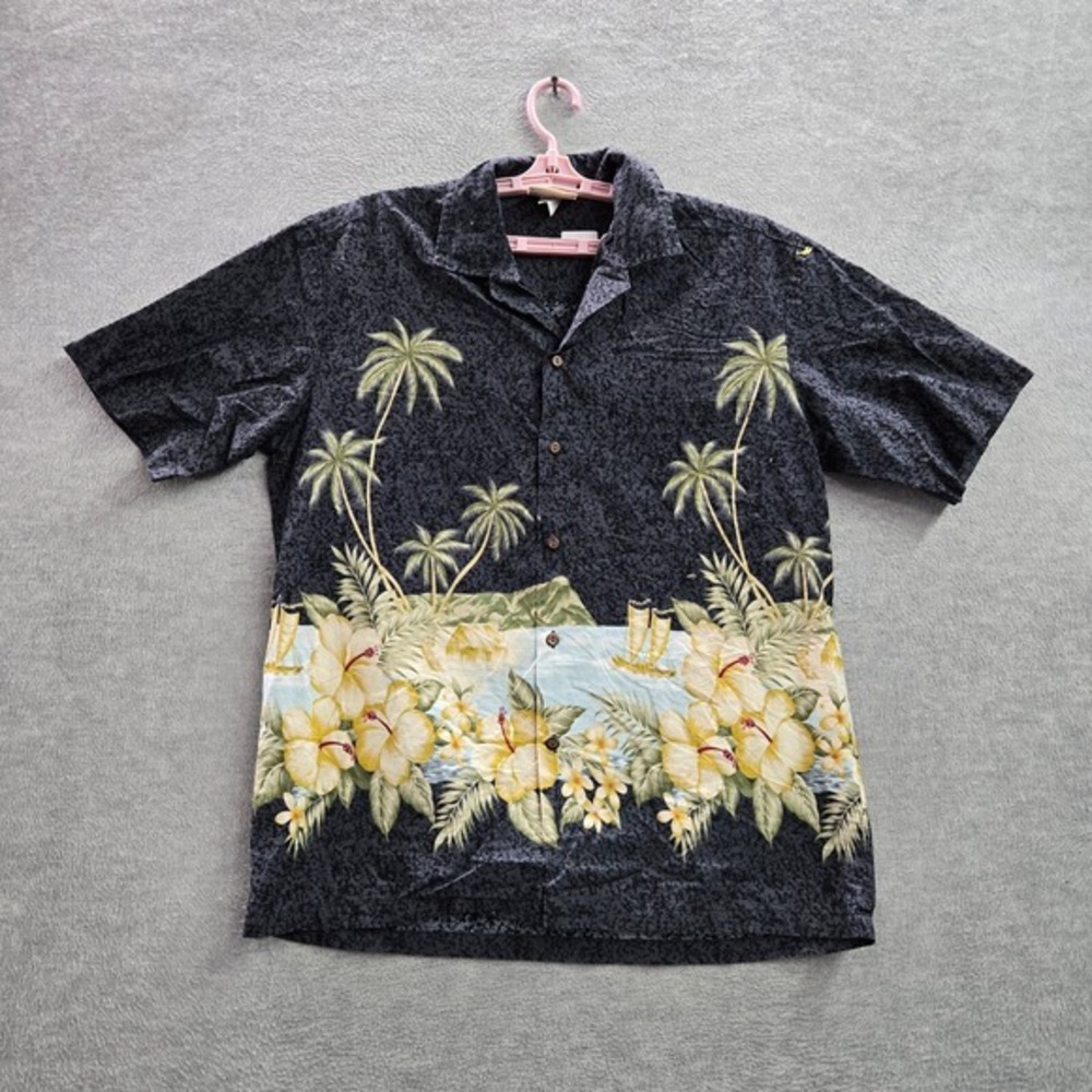 Winnie Fashion Men Button Shirt‎ L Black Hawaiian Palm Trees Hibiscus 90s